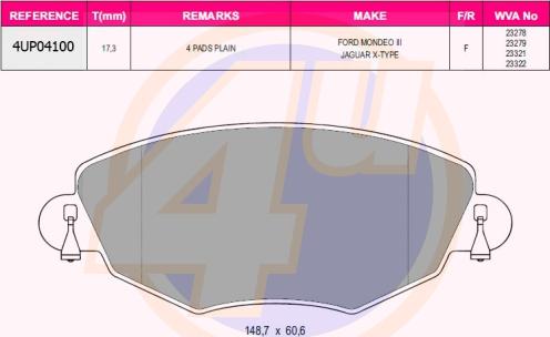 4U 4UP04100 - Комплект спирачно феродо, дискови спирачки vvparts.bg