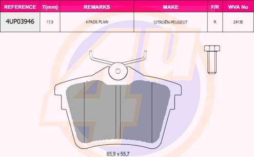 4U 4UP03946 - Комплект спирачно феродо, дискови спирачки vvparts.bg