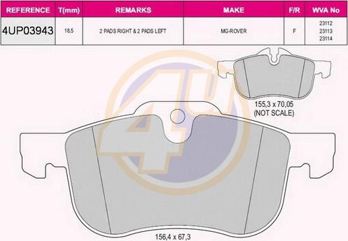 4U 4UP03943 - Комплект спирачно феродо, дискови спирачки vvparts.bg