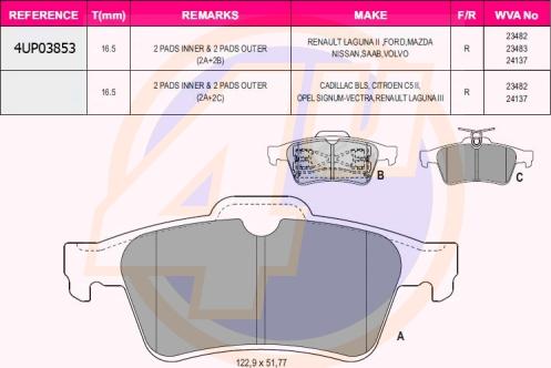 4U 4UP03853 - Комплект спирачно феродо, дискови спирачки vvparts.bg