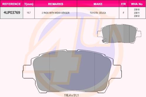 4U 4UP03769 - Комплект спирачно феродо, дискови спирачки vvparts.bg