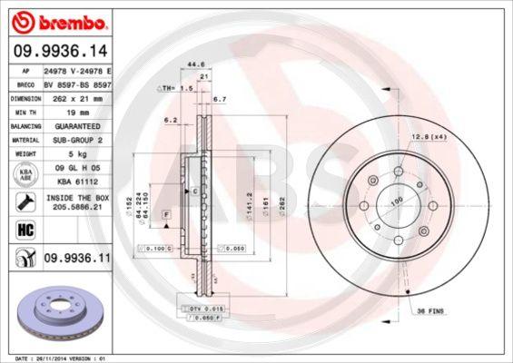 A.B.S. 09.9936.11 - Спирачен диск vvparts.bg