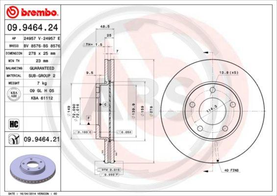 A.B.S. 09.9464.21 - Спирачен диск vvparts.bg