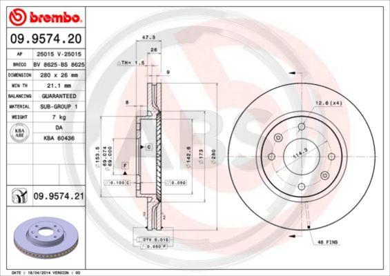 A.B.S. 09.9574.21 - Спирачен диск vvparts.bg