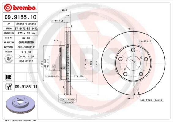 A.B.S. 09.9185.11 - Спирачен диск vvparts.bg