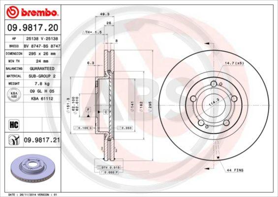 A.B.S. 09.9817.21 - Спирачен диск vvparts.bg