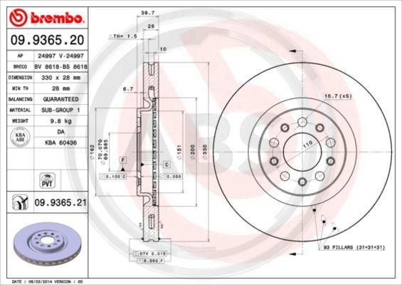 A.B.S. 09.9365.21 - Спирачен диск vvparts.bg