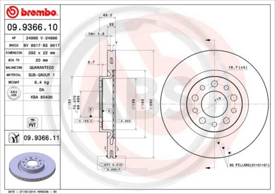 A.B.S. 09.9366.11 - Спирачен диск vvparts.bg