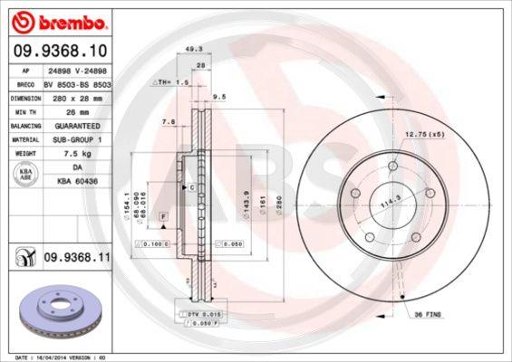 A.B.S. 09.9368.11 - Спирачен диск vvparts.bg