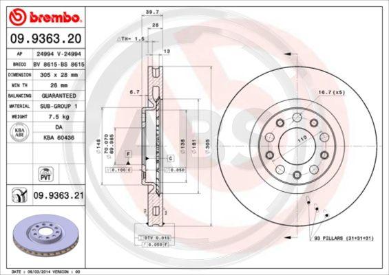 A.B.S. 09.9363.21 - Спирачен диск vvparts.bg