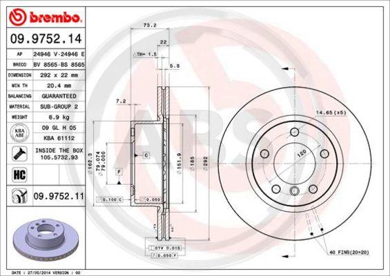 A.B.S. 09.9752.11 - Спирачен диск vvparts.bg