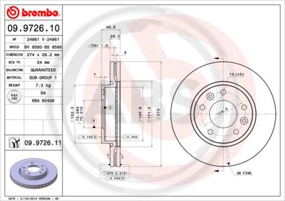 A.B.S. 09.9726.11 - Спирачен диск vvparts.bg