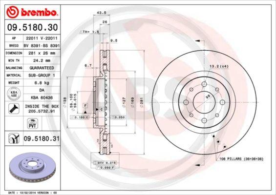 A.B.S. 09.5180.31 - Спирачен диск vvparts.bg