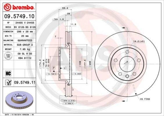 A.B.S. 09.5749.11 - Спирачен диск vvparts.bg