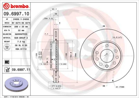 A.B.S. 09.6997.11 - Спирачен диск vvparts.bg