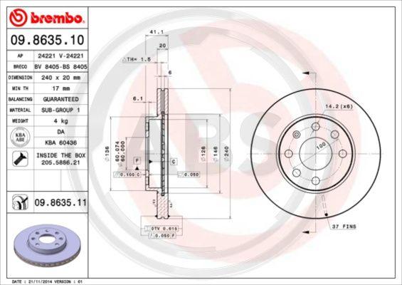 A.B.S. 09.8635.10 - Спирачен диск vvparts.bg