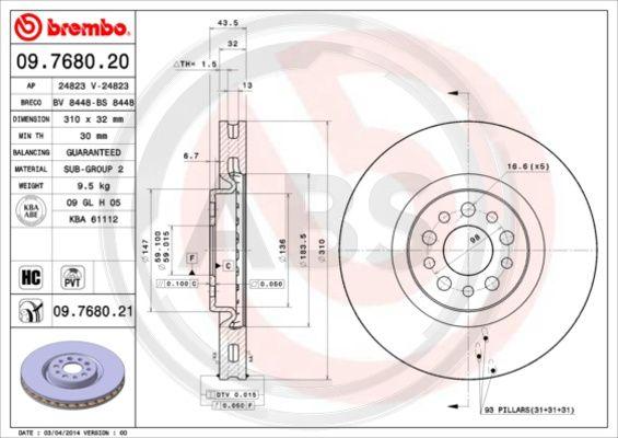 A.B.S. 09.7680.21 - Спирачен диск vvparts.bg