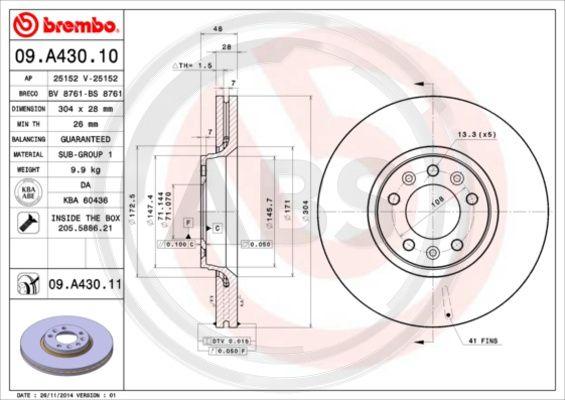 A.B.S. 09.A430.11 - Спирачен диск vvparts.bg