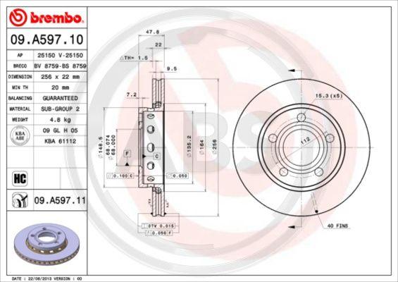 A.B.S. 09.A597.11 - Спирачен диск vvparts.bg