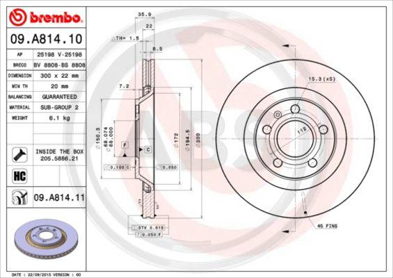 A.B.S. 09.A814.11 - Спирачен диск vvparts.bg