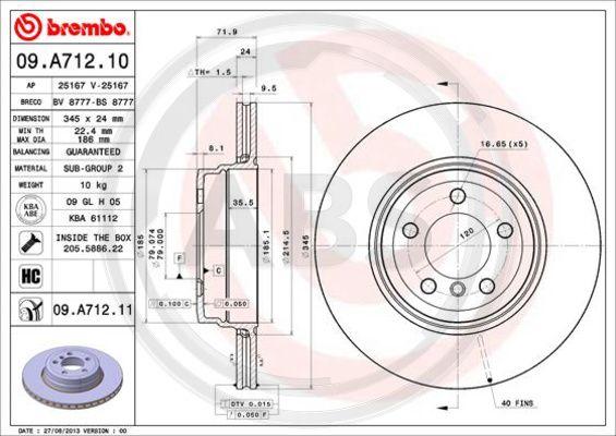 A.B.S. 09.A712.11 - Спирачен диск vvparts.bg