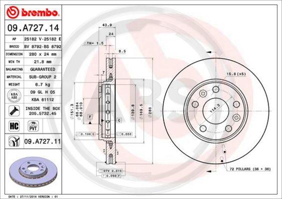 A.B.S. 09.A727.11 - Спирачен диск vvparts.bg