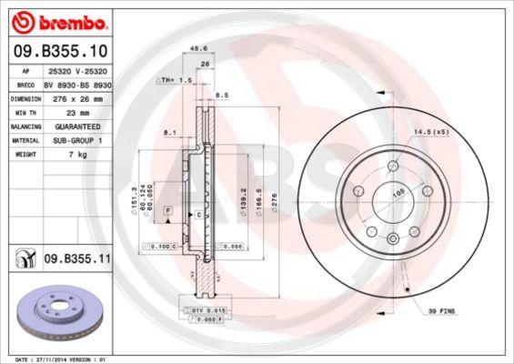 A.B.S. 09.B355.10 - Спирачен диск vvparts.bg