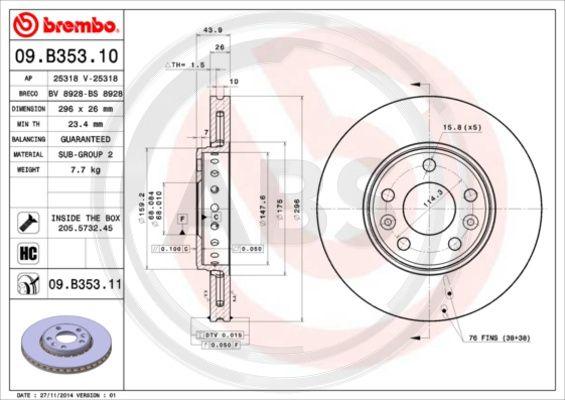 A.B.S. 09.B353.10 - Спирачен диск vvparts.bg