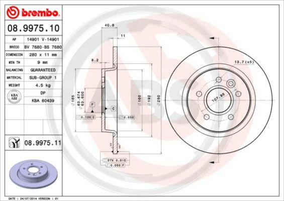 A.B.S. 08.9975.11 - Спирачен диск vvparts.bg