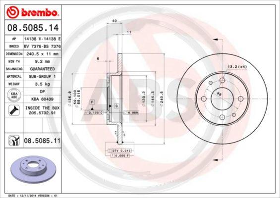 A.B.S. 08.5085.11 - Спирачен диск vvparts.bg