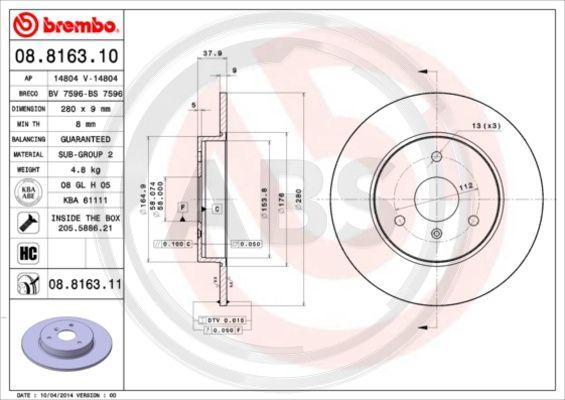 A.B.S. 08.8163.11 - Спирачен диск vvparts.bg