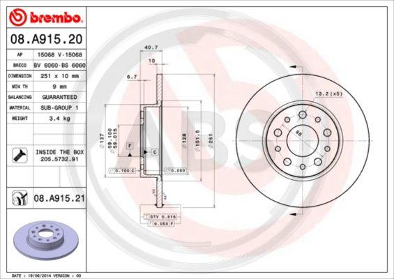 A.B.S. 08.A915.21 - Спирачен диск vvparts.bg