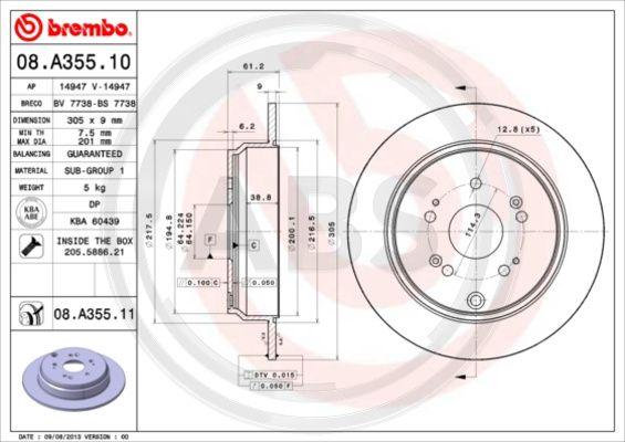 A.B.S. 08.A355.11 - Спирачен диск vvparts.bg