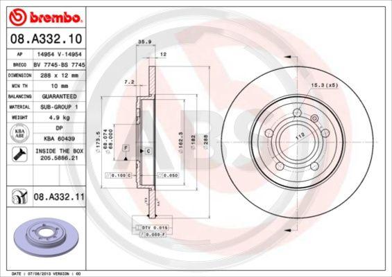 A.B.S. 08.A332.11 - Спирачен диск vvparts.bg