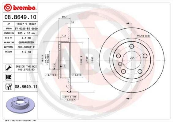 A.B.S. 08.B649.11 - Спирачен диск vvparts.bg