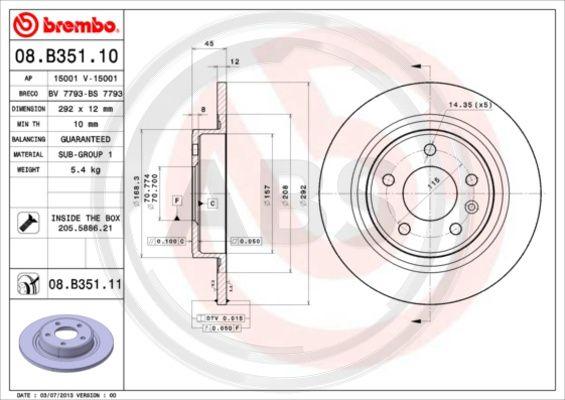 A.B.S. 08.B351.11 - Спирачен диск vvparts.bg