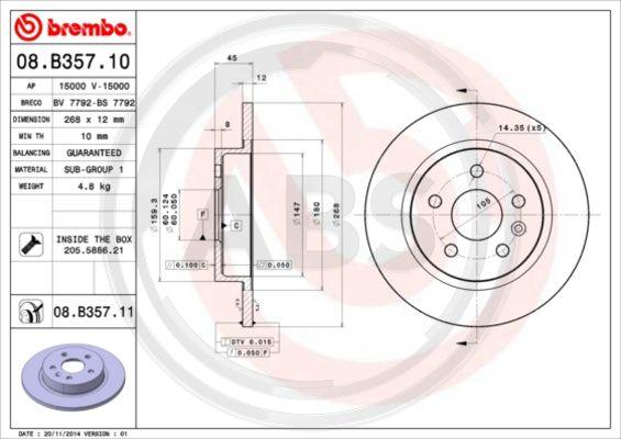 A.B.S. 08.B357.10 - Спирачен диск vvparts.bg