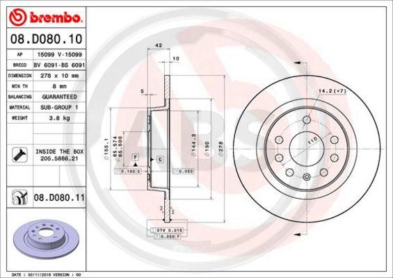 A.B.S. 08.D080.11 - Спирачен диск vvparts.bg