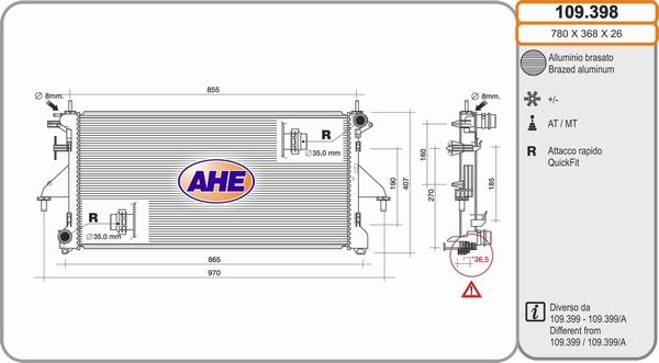 AHE 109.398 - Радиатор, охлаждане на двигателя vvparts.bg