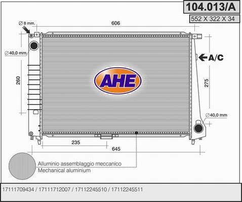 AHE 104.013/A - Радиатор, охлаждане на двигателя vvparts.bg