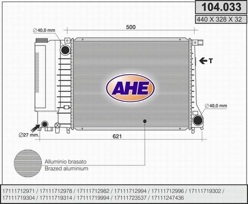 AHE 104.033 - Радиатор, охлаждане на двигателя vvparts.bg