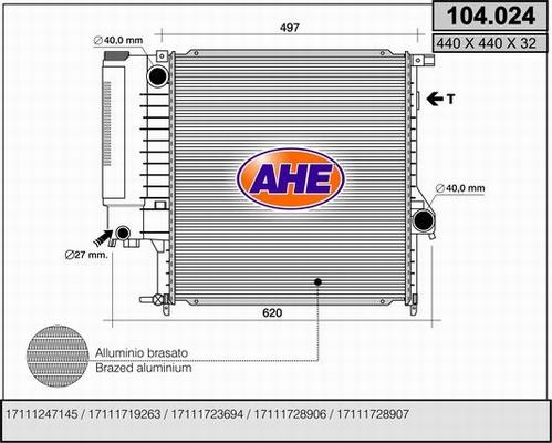 AHE 104.024 - Радиатор, охлаждане на двигателя vvparts.bg