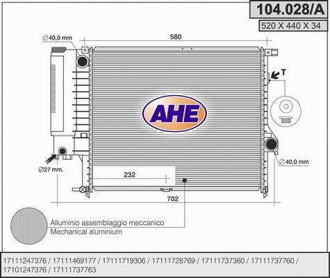 AHE 104.028/A - Радиатор, охлаждане на двигателя vvparts.bg