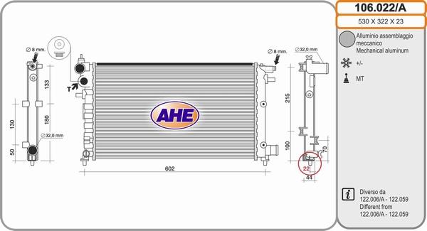 AHE 106.022/A - Радиатор, охлаждане на двигателя vvparts.bg