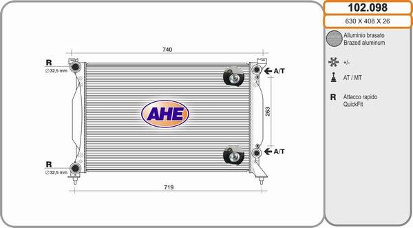 AHE 102.098 - Радиатор, охлаждане на двигателя vvparts.bg