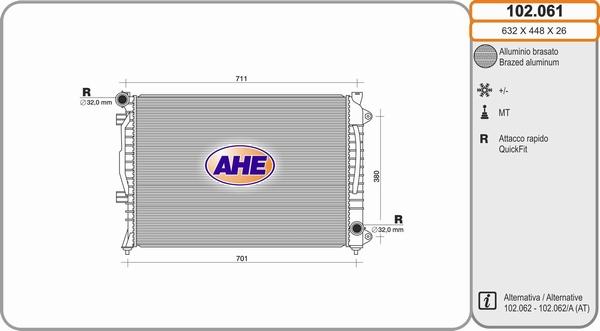 AHE 102.061 - Радиатор, охлаждане на двигателя vvparts.bg