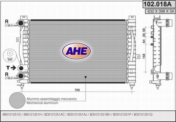 AHE 102.018/A - Радиатор, охлаждане на двигателя vvparts.bg