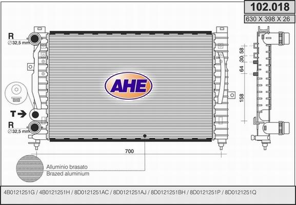 AHE 102.018 - Радиатор, охлаждане на двигателя vvparts.bg