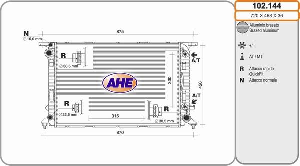 AHE 102.144 - Радиатор, охлаждане на двигателя vvparts.bg