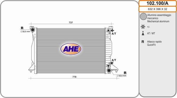 AHE 102.100/A - Радиатор, охлаждане на двигателя vvparts.bg